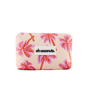 Pouch with palm tree design and 'oh coconuts' label on a beige background
