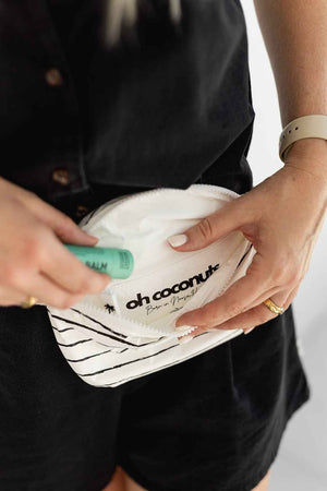 black and white bumbag on model with born in noosa heads on the inside