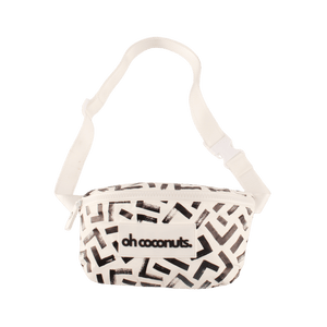 black and white geometric bumbag with white strap