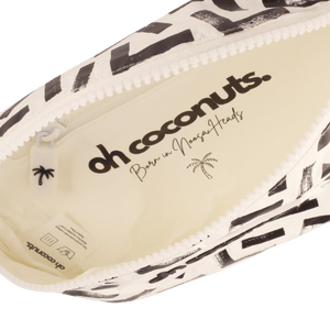 black and white bumbag with born in noosa heads on the inside