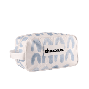 blue and white cosmetic bag