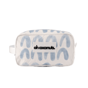 cosmetic bag with blue arches on white background oh coconuts