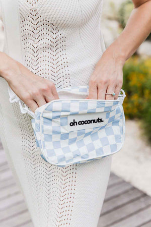blue and white checkered crossbody bag
