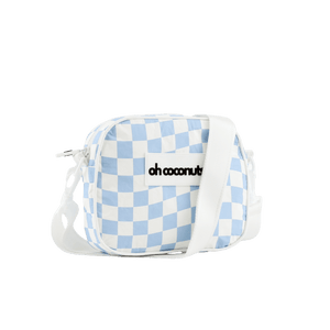 blue and white checkered crossbody bag with white adjustable strap
