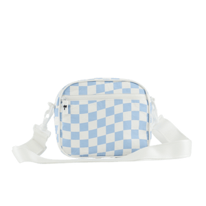 white and blue crossbody bag from back with palm tree zip