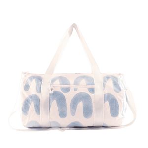 back of white and blue duffel bag with zip and crossbody strap
