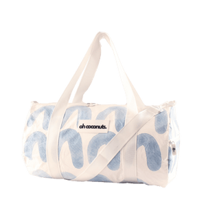 blue and white gym or duffel bag, with white straps