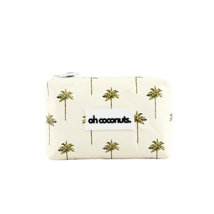 Pouch with palm tree pattern and 'oh coconuts' label on a white background