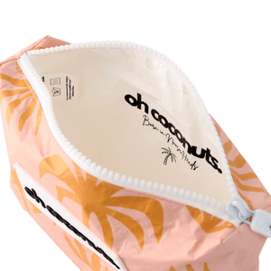Born in noosa heads wet dry bag pink with mustard palm trees