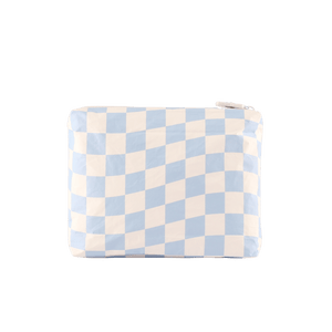 back of white and blue checkered pouch 