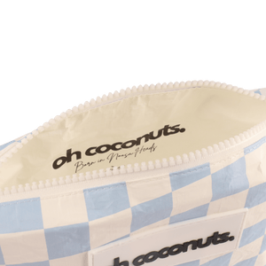 born in noosa heads in white and checkered pouch